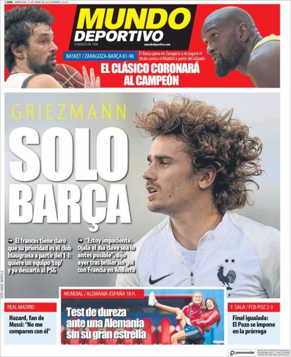 Portada MUNDO DEPORTIVO miércoles 12 junio 2019