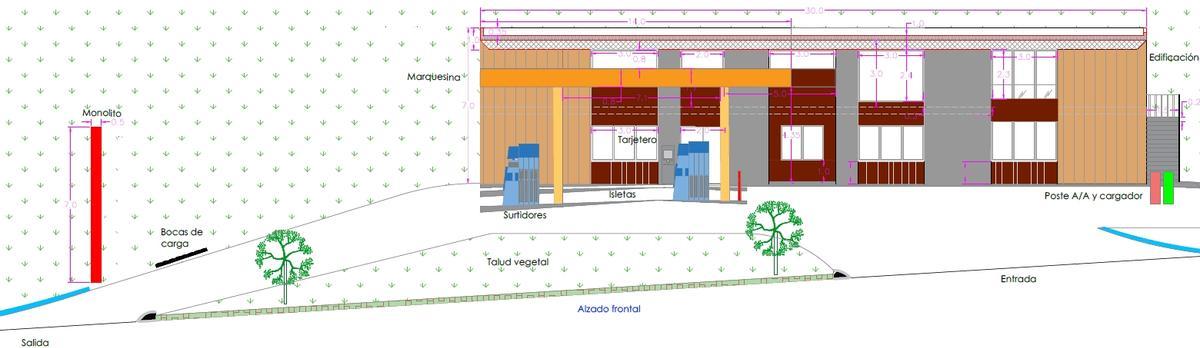 Una recreación con el alzado frontal de la nueva estación de servicio proyectada en A Portela, en Bueu.