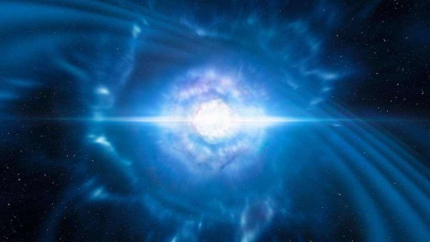 Imagen virtual sobre la colisión de dos estrellas de neutrones.