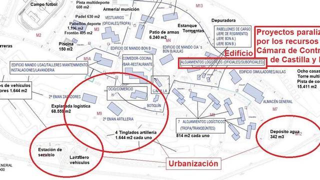 Esquema del futuro Campamento militar de Monte la Reina y la situación de los proyectos paralizados: urbanización de tres parcelas (m9, M11 y M12) y un edificio de alojamiento.