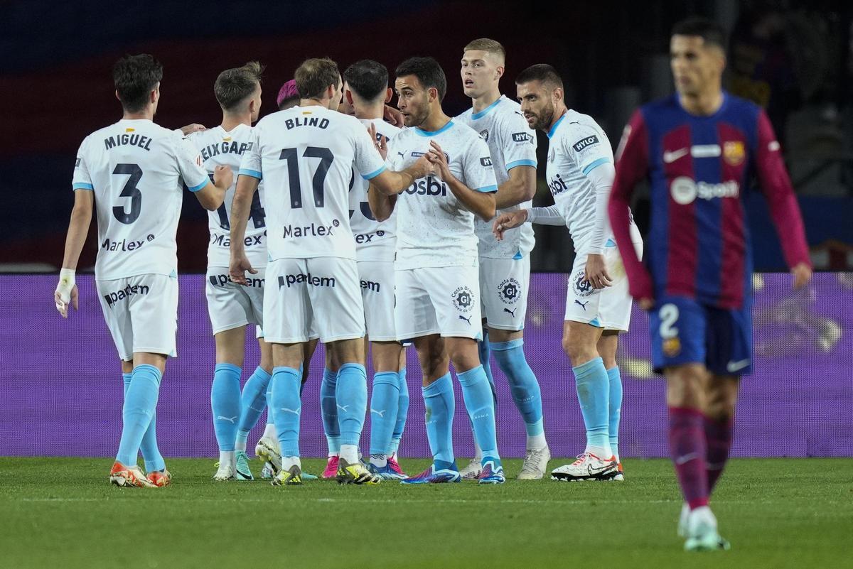 Els jugadors del Girona celebren un gol contra el Barça diumenge passat