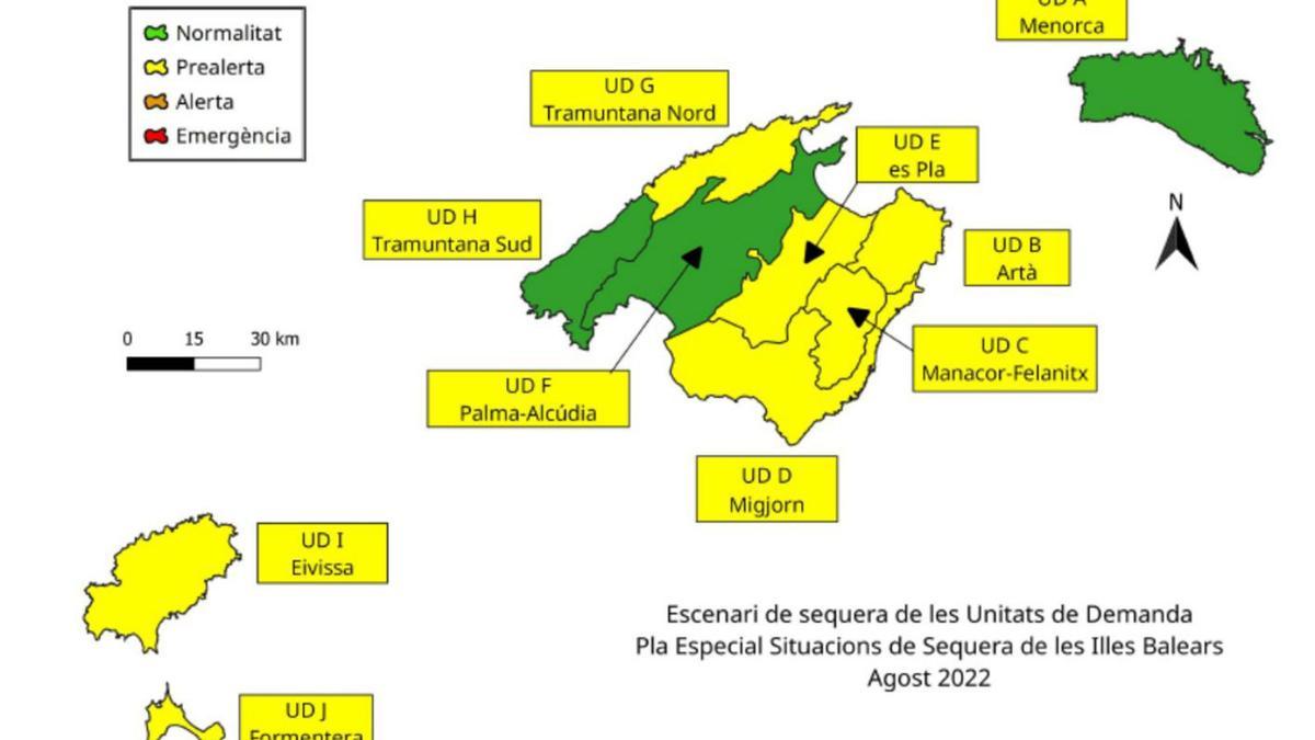 Mapa de la situación de las reservas en Balears difundido por el Govern balear. | CAIB