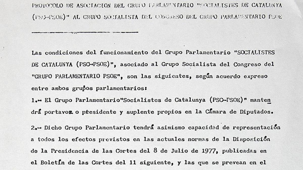 Extracto del documento original del protocolo de relación parlamentaria entre el PSC y el PSOE, firmado en 1977