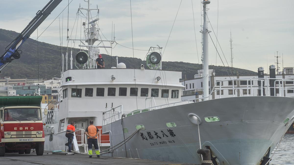 Descarga de atún congelado desde un buque atracado en el Muelle Grande del Puerto de Las Palmas.