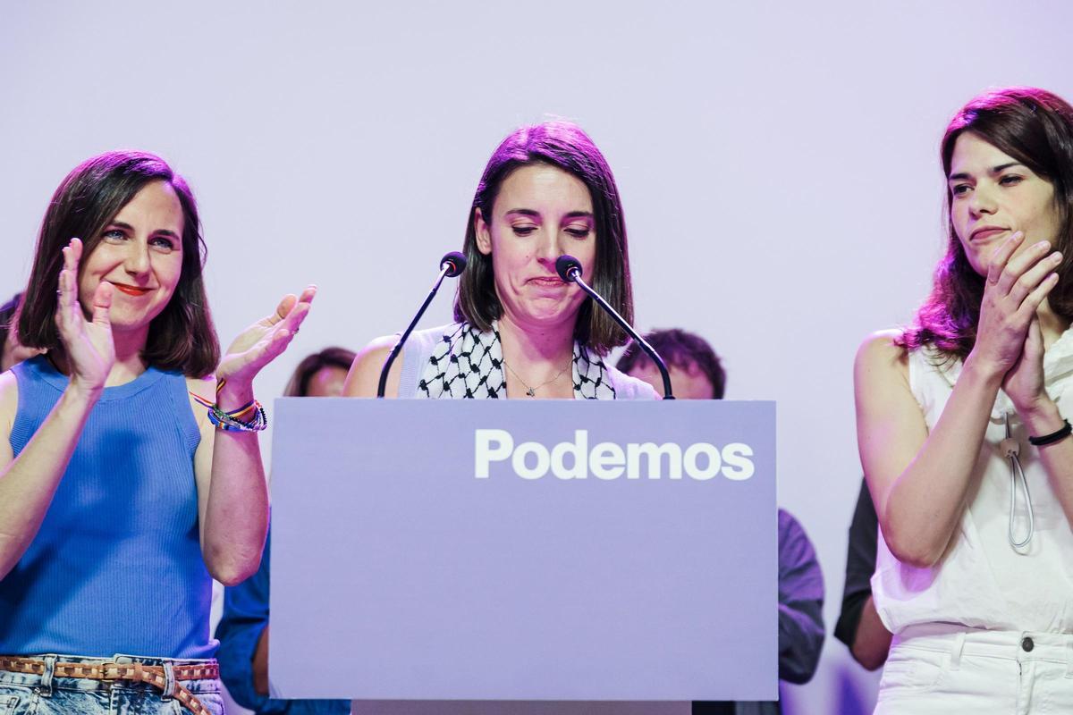 Irene Montero junto a Ione Belarra e Isa Serra en la noche electoral de las europeas del 9 de junio.