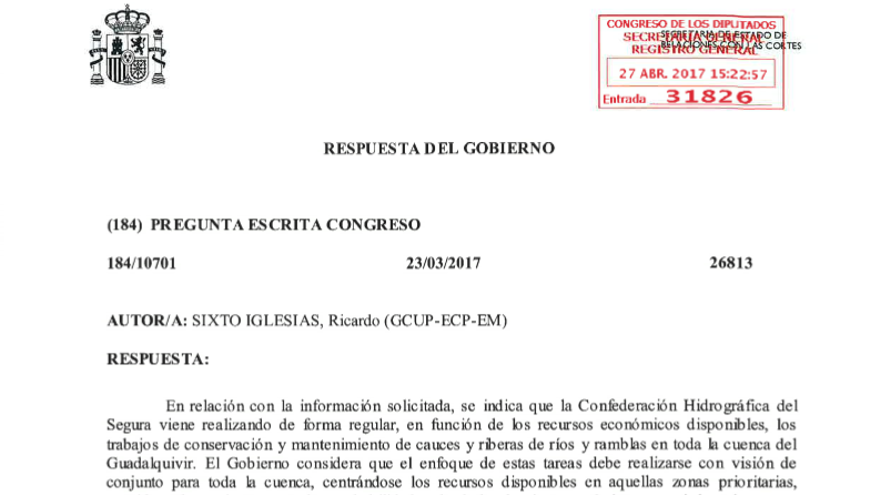 Respuesta del Gobierno sobre limpieza del río en la Vega Baja donde se refiere al &quot;Guadalquivir&quot;