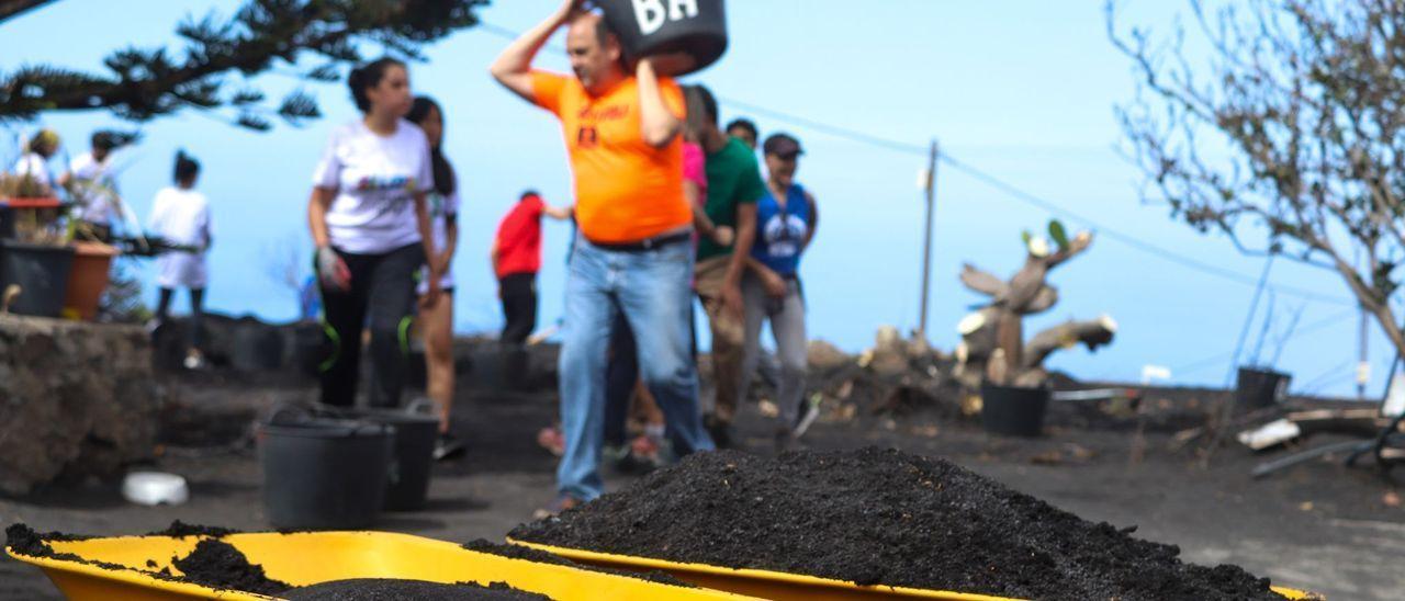 Voluntarios continúan limpiando ceniza del volcán.