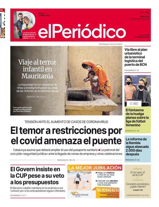 La portada de EL PERIÓDICO del 17 de novembre del 2021
