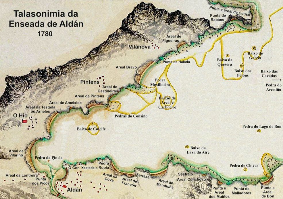 Mapa de 1780 coa talasonimia na Enseada de Aldán.