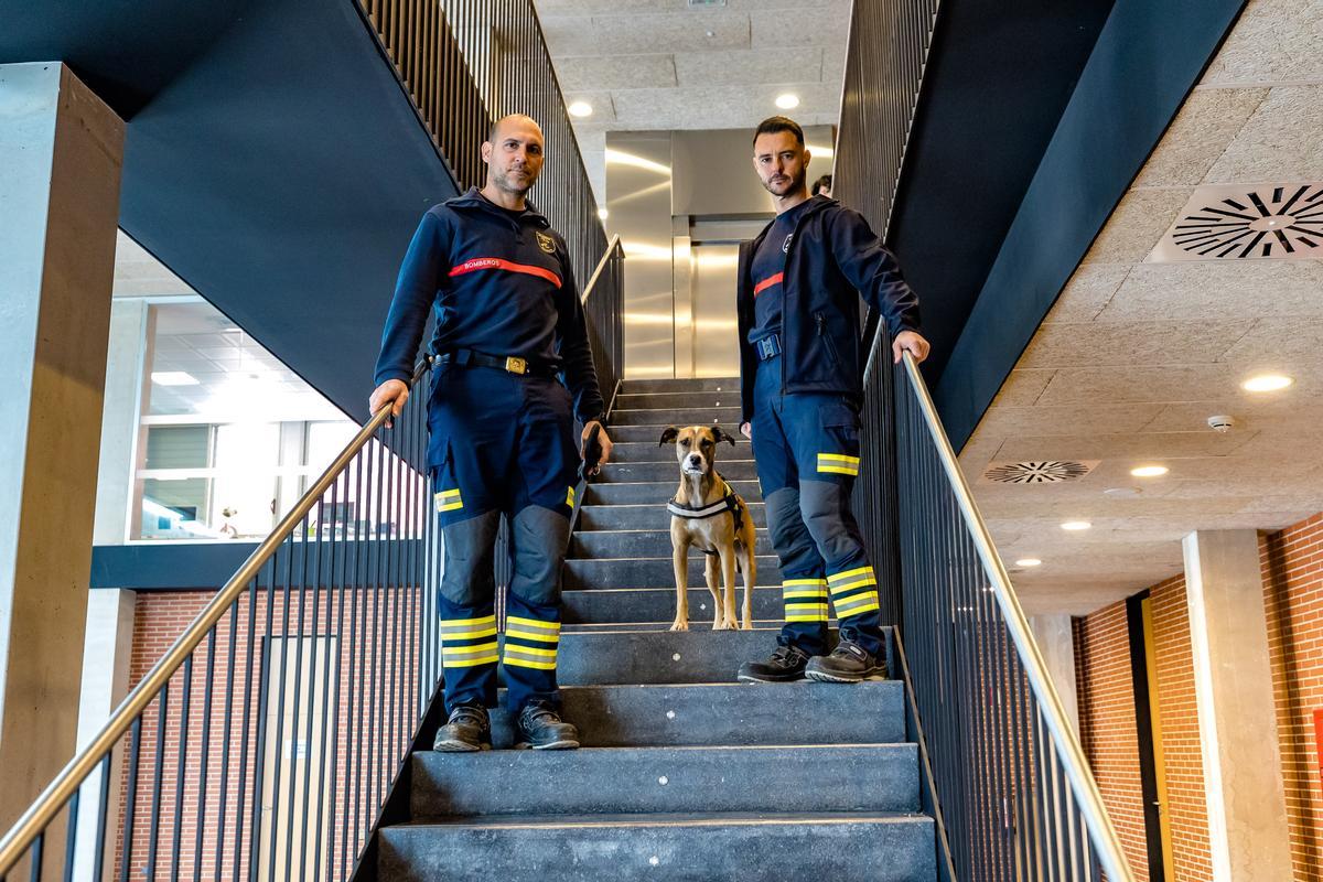 Los bomberos Ángel y Rafael con Piña en el interior del parque de la Playa de San Juan.