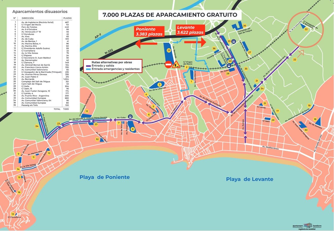 Plano con todos los estacionamientos disuasorios que ha habilitado el Ayuntamiento y las plazas disponibles.