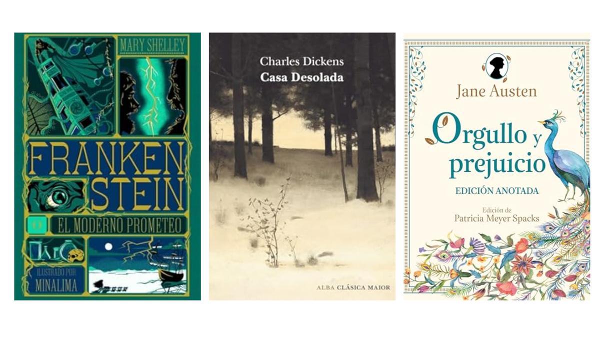 Portadas de 'Frankenstein', 'Casa desolada' y 'Orgullo y prejuicio'.