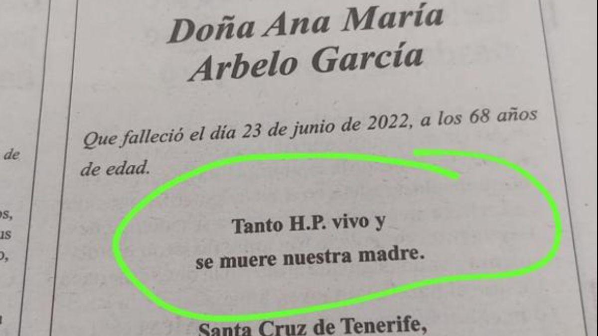 Una esquela amb avís: &#039;Tant F.P. viu i es mor la nostra mare&#039;