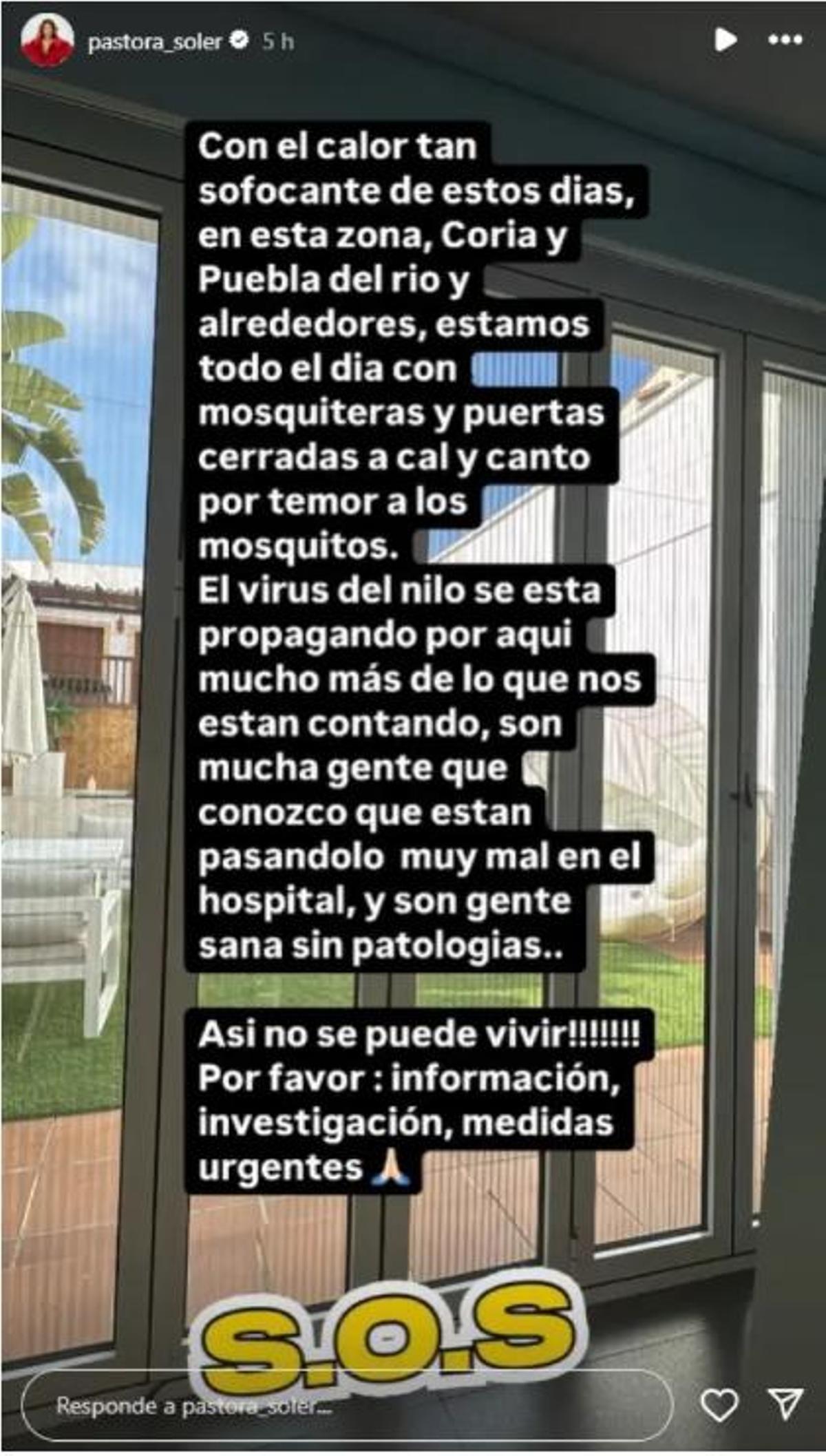 Historia de Pastora Soler en Instagram con un comunicado sobre su preocupación con el Virus del Nilo