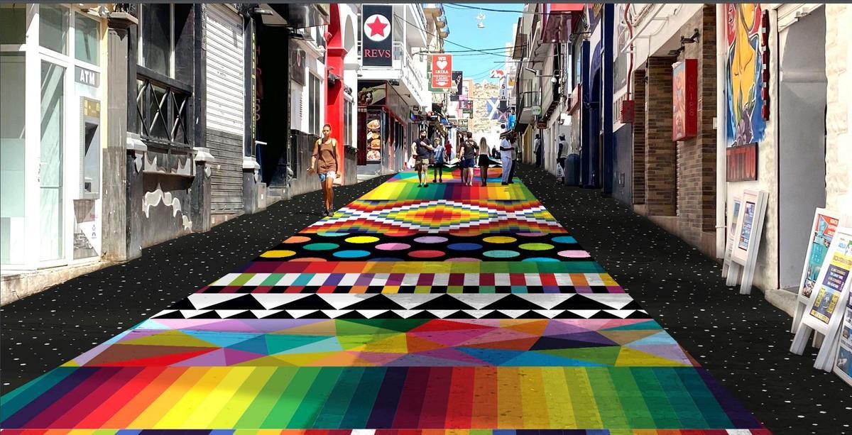 Recreación virtual de la obra que el artista Okuda proyecta en la calle principal del West.