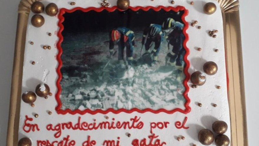 He takes a cake to the firefighters in the south of Tenerife for saving his cat