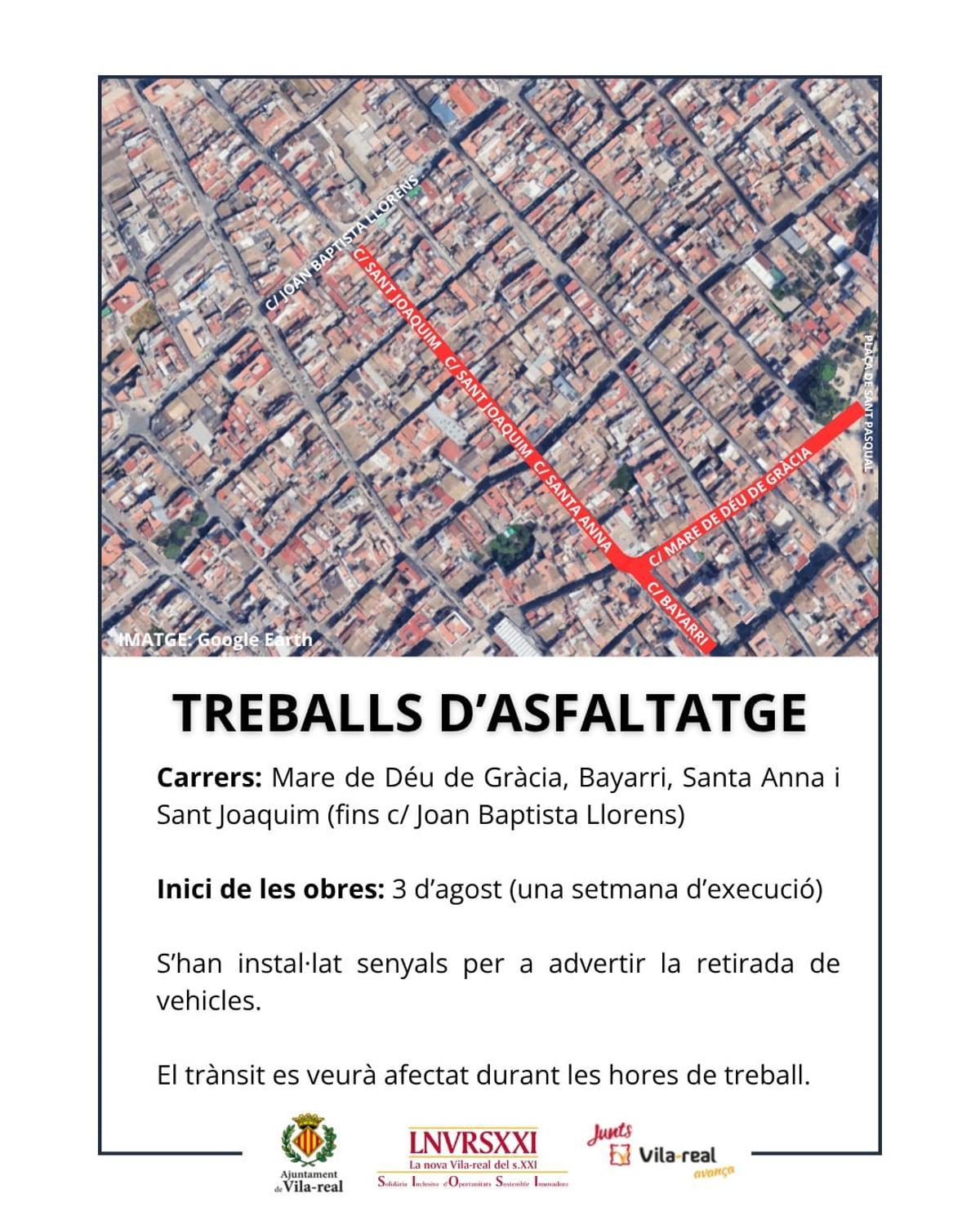 Carrers on tindran lloc els treballs d'asfaltatge.