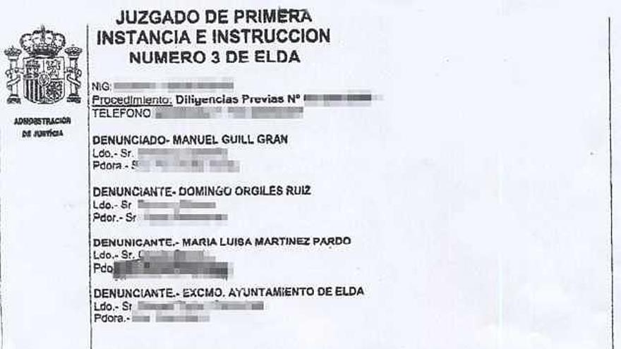 Certificado en el que el Juzgado de Primera Instancia e Instrucción número 3 de Elda cita a Manuel Guill a declarar en calidad de imputado