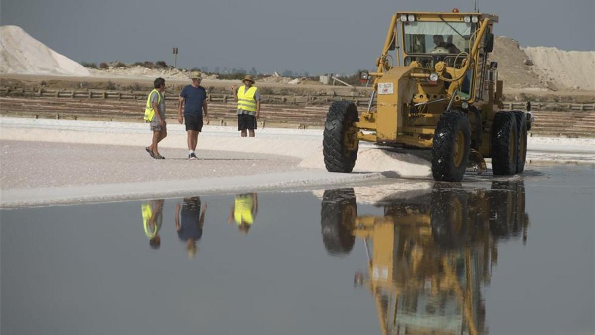 Primer dia de la campaña de recoleccion de sal en las Salinas de la Trinitat del delta del Ebro.