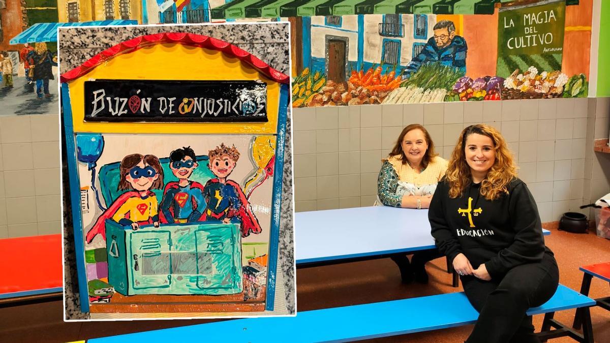 Lara Vega, en primer término, con Paraíso Álvarez. En el recuadro de la imagen el "buzón de las injusticias" que ha pintado Vega.