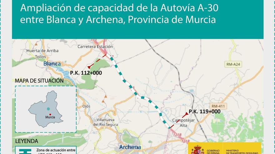 La ampliación de carriles de la autovía A-30 entre Blanca y Archena, más cerca