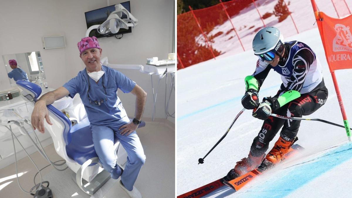 Víctor Lucas, a la izquierda como dentista y a la derecha como esquiador