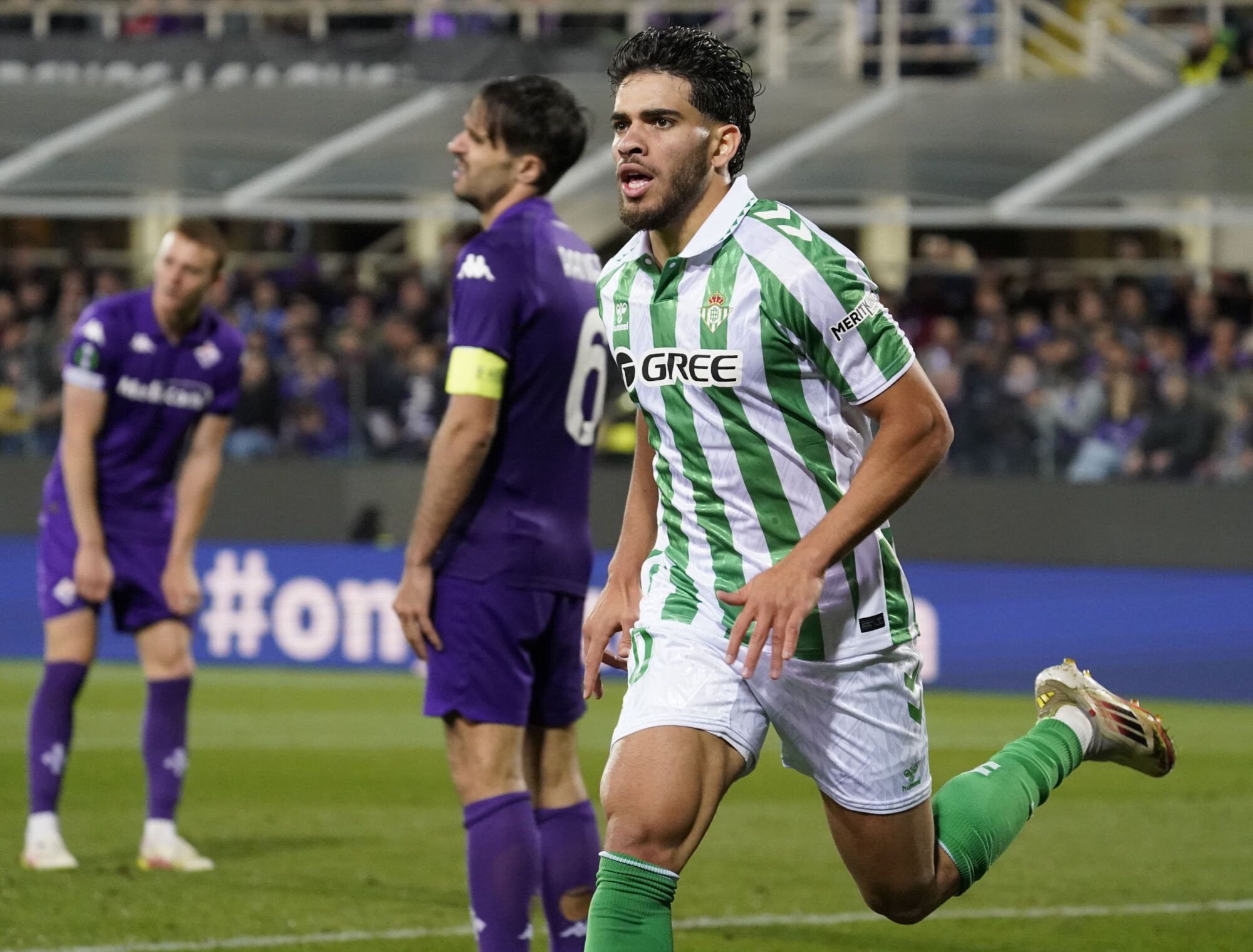 Betis’ Abdessamad Ezzalzuoli celebrates after scoring the goal of 2-2 during the UEFA Conference League soccer match between Fiorentina and Betis at Artemio Franchi stadium in Florence, Italy - Thursday, May 08, 2025. (Photo by Marco Bucco/LaPresse )