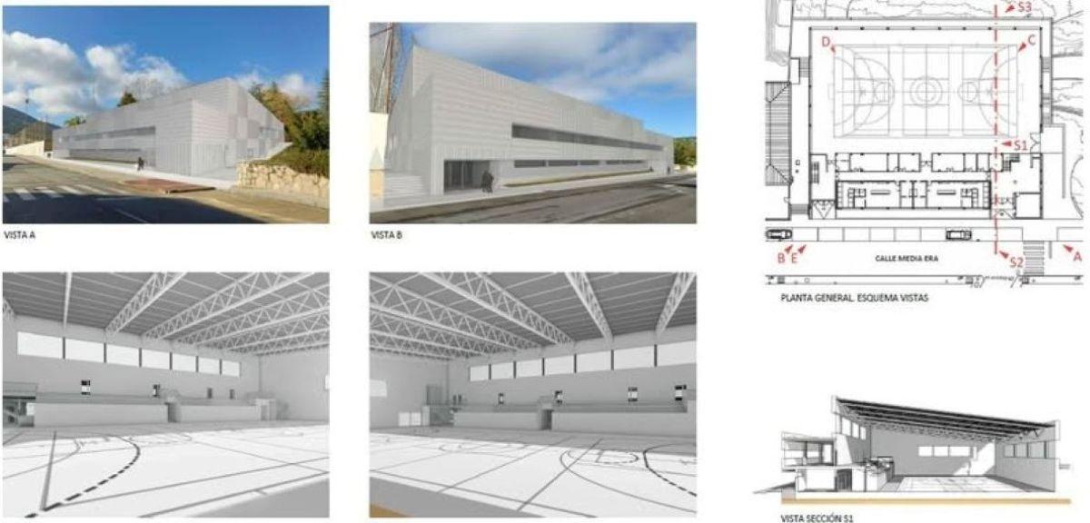 Recreación y planos del proyecto del nuevo polideportivo de Almedinilla.