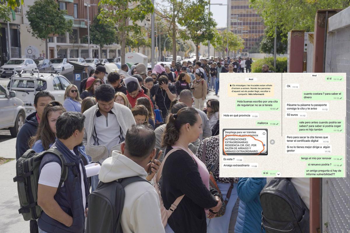 Sobre la imagen ed colas frente a la oficina de Extranjería de Palma, capturas de la conversación mantenida por este diario con un vendedor ilegal de citas.