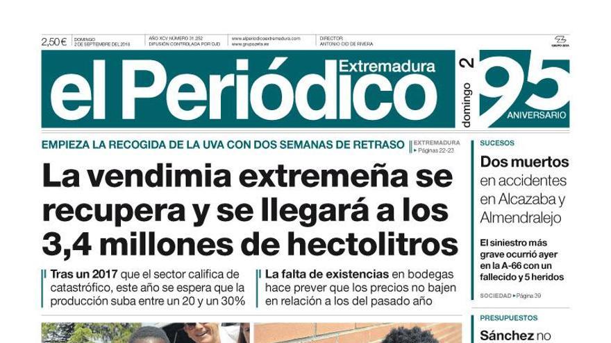 Esta es la portada de EL PERIÓDICO EXTREMADURA correspondiente al día 2 de septiembre del 2018