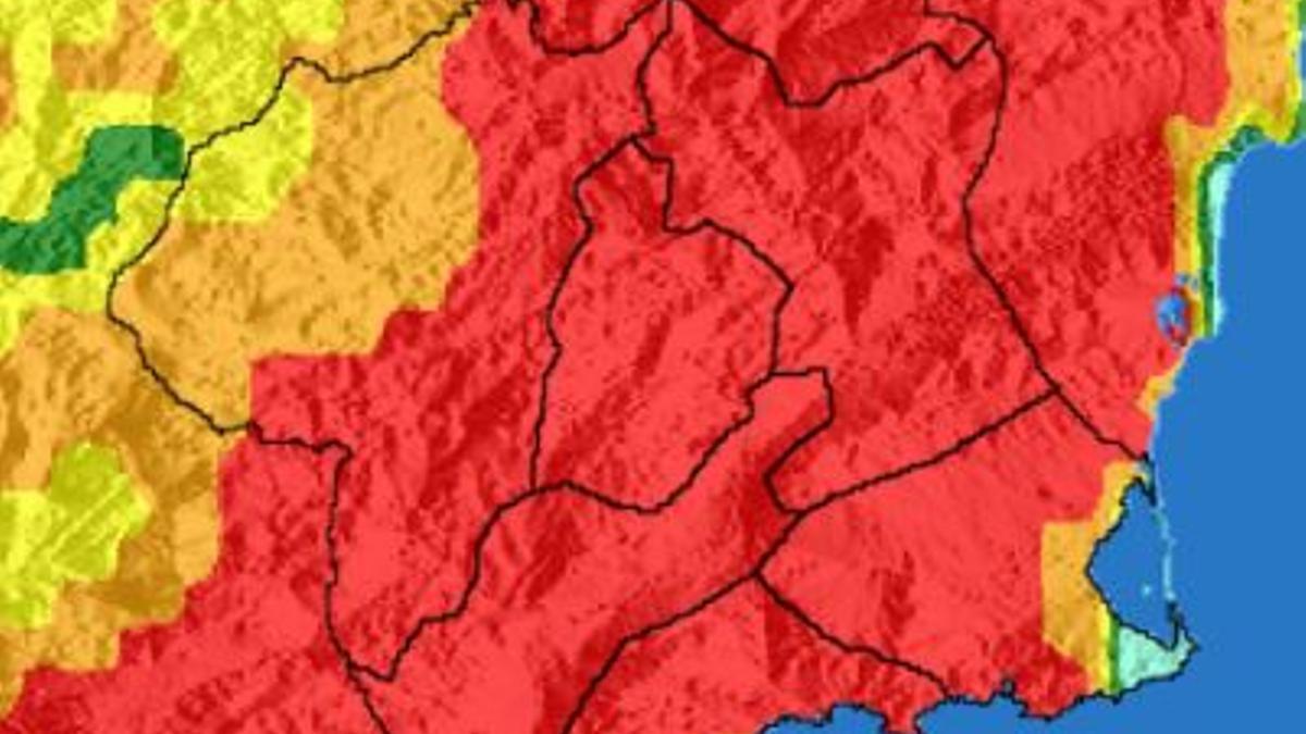 El nivel de riesgo de incendio forestal previsto para este jueves es extremo en casi toda la Región de Murcia.