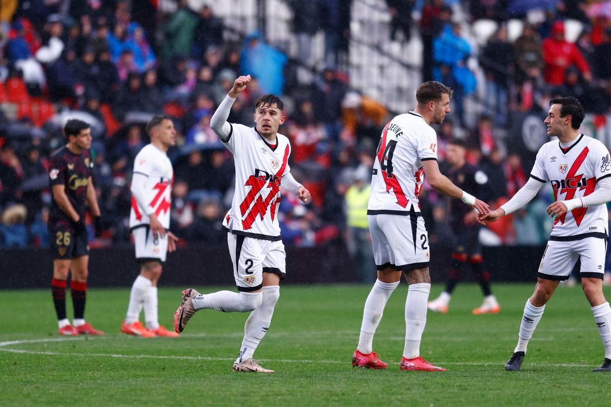 01/03/2025 Andrei Ratiu of Rayo Vallecano celebrates a goal during the Spanish League, LaLiga EA Sports, football match played between Rayo Vallecano and Sevilla FC at Estadio de Vallecas on March 1, 2025, in Madrid, Spain. DEPORTES Dennis Agyeman / AFP7 / Europa Press