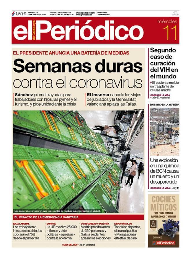 La portada de EL PERIÓDICO del 11 de marzo del 2020.