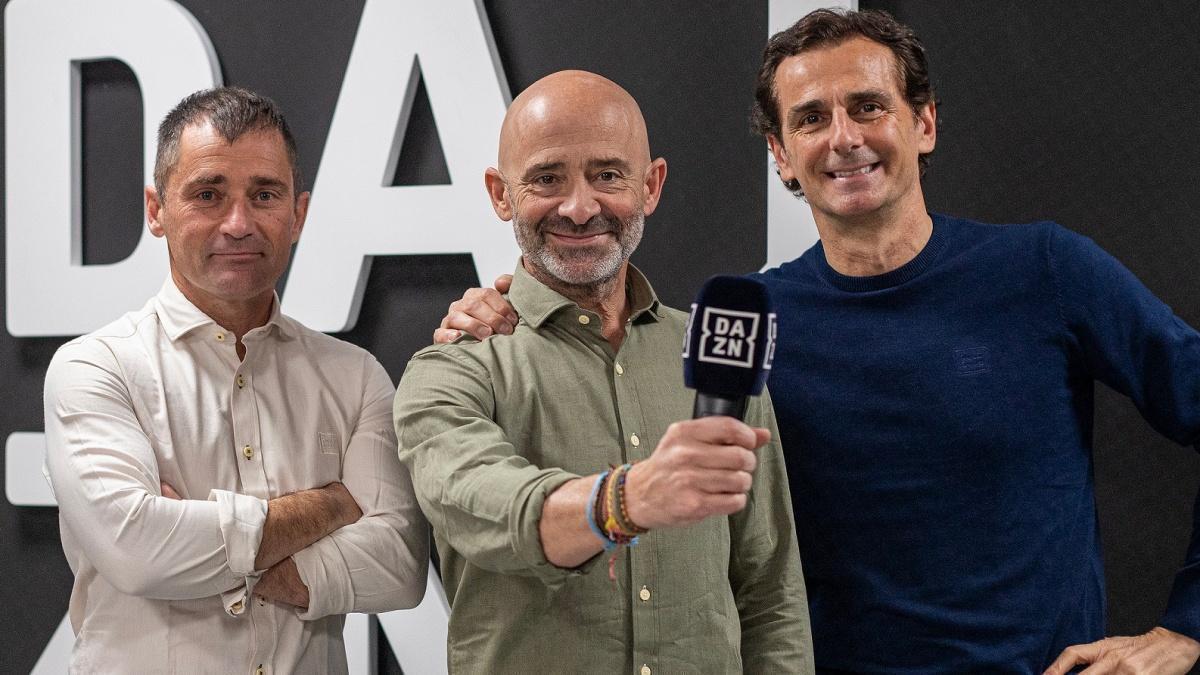 Toni Cuquerella, Antonio Lobato y Pedro de la Rosa, el equipo de comentaristas de la Fórmula 1 en DAZN.