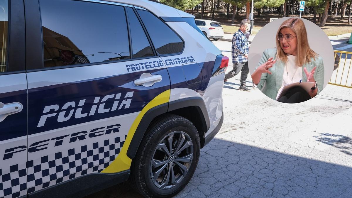Un vehículo de Policía Local de Petrer y su alcaldesa, Irene Navarro.
