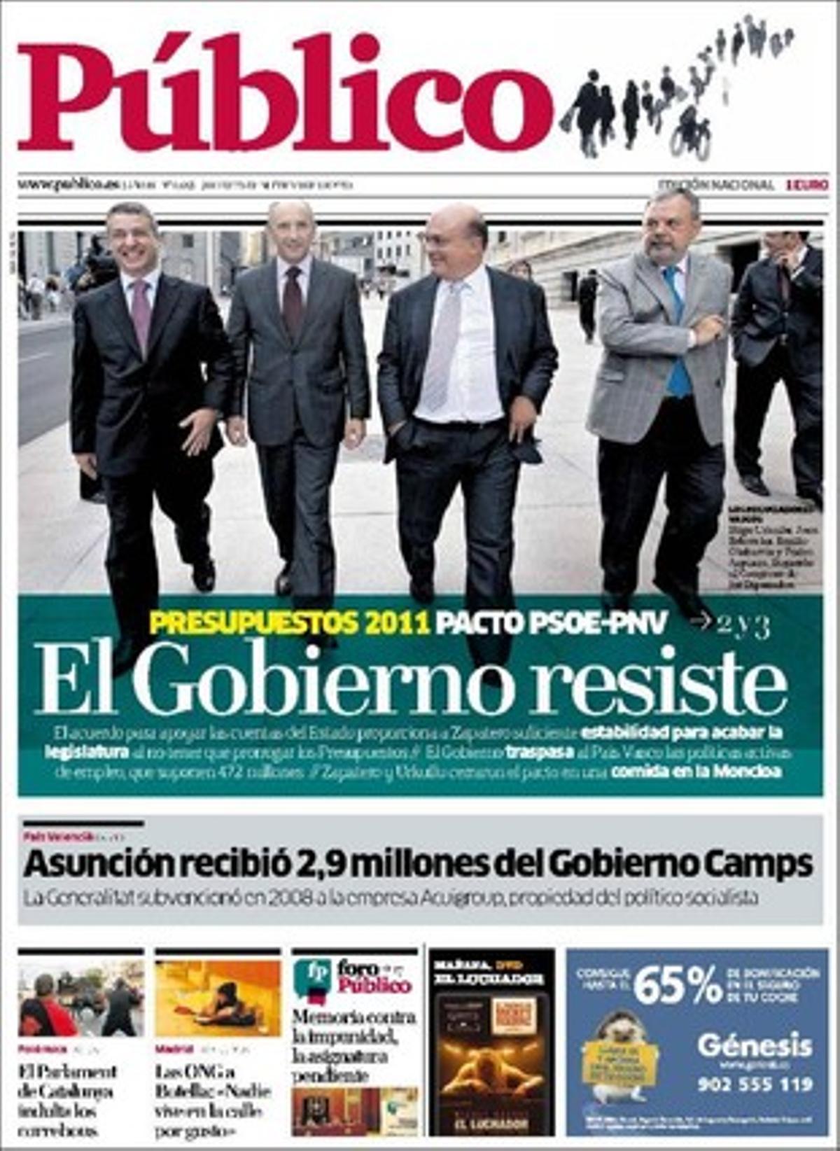 ’Público’ destaca a dins que el PSOE no celebrarà primàries a València i que l’aspirant Antoni Asunción, descartat per no reunirà prou avals, va rebre el 2008 de la Generalitat de Francisco Camps una subvenció de 2,9 milions d’euros per a la seva empresa Acuigroup Mare MAR SL, empresa de la qual acaba d’agafar la direcció el Banco de Valencia, filial de Bancaixa. Asunción, afegeix ’Público’, es va negar ahir a donar explicacions. També destaca que el PP encara nega la repressió franquista en la construcció del Valle de los Caídos.