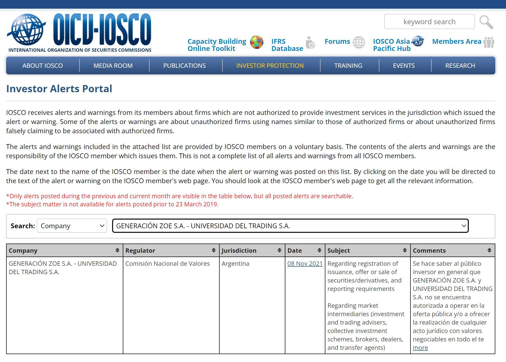 La alerta de Argentina sobre Zoe en el portal de la IOSCO