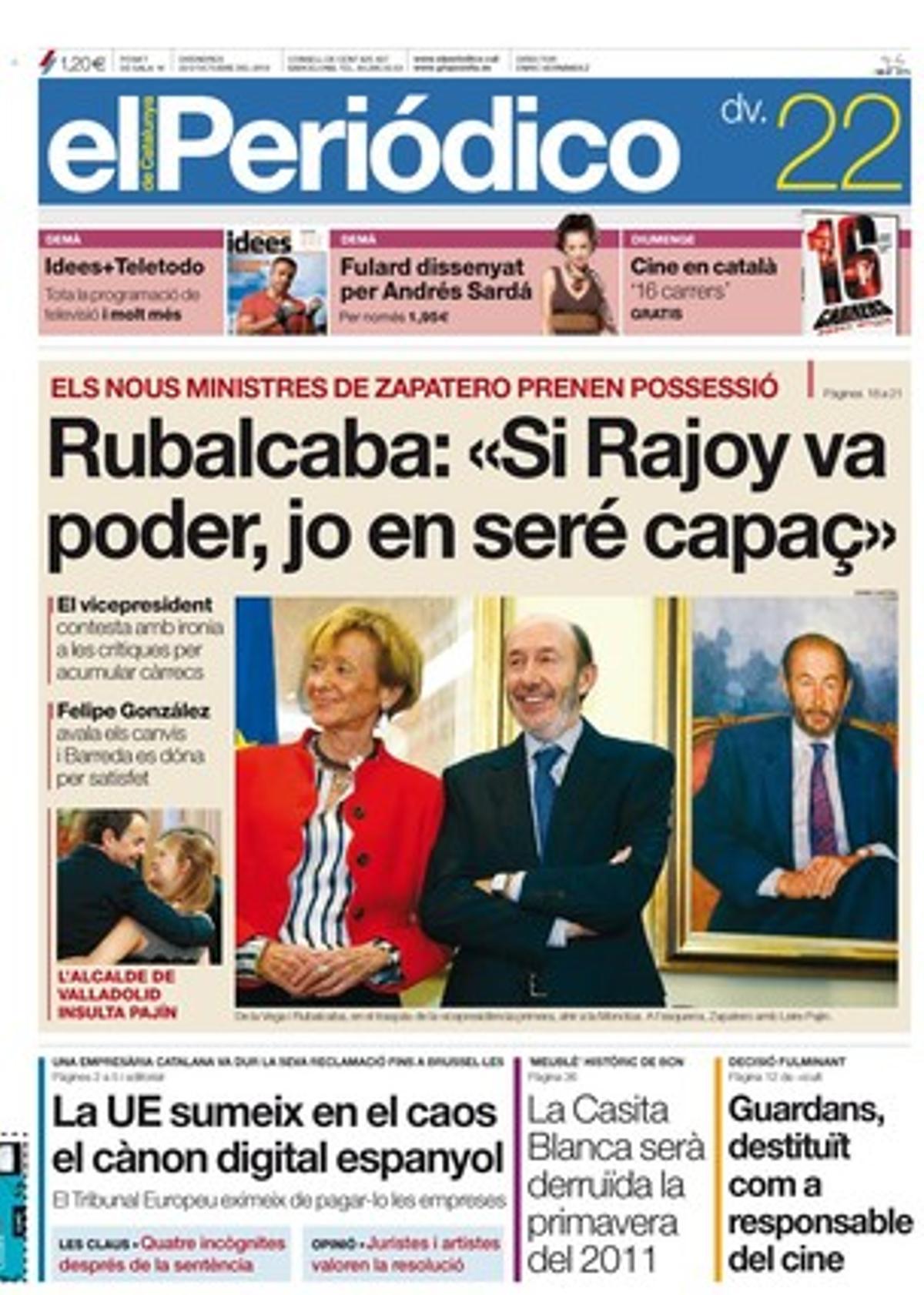 EL PERIÓDICO, a més de les notícies que mostra a la portada, destaca a dins que el preu de la matrícula per fer el doctorat es triplica a Catalunya i que les famílies tenen dret a consultar la preinscripció escolar d’altres nens, que l’Ajuntament de Barcelona inicia els tràmits per derruir la Casita Blanca, que el CEIP Mediterrània torna al carrer per exigir la nova escola, que la caiguda d’ingressos augmenta el dèficit que pateix la Generalitat, que els investigadors de Palau Pharma estan en vaga per un ERO, que Corea del Sud s’uneix al circ de la F-1 i que TVC aposta per l’esport amb l’estrena del canal Esport 3. També presenta l’oferta cultural del cap de setmana al quadern ’+Icult’.