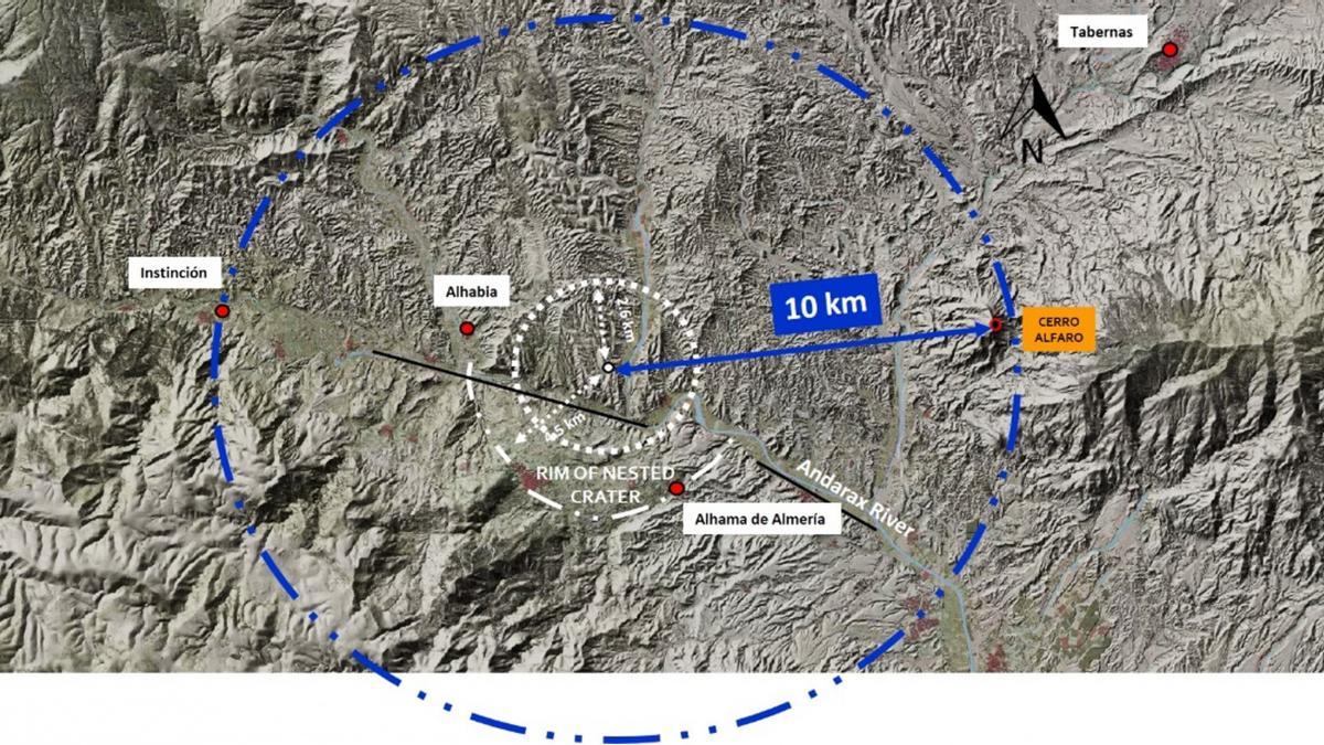 Localización del centro del cráter y radio 20 kilómetros de la zona afectada por el impacto en la cuenca Alhabia-Tabernas.