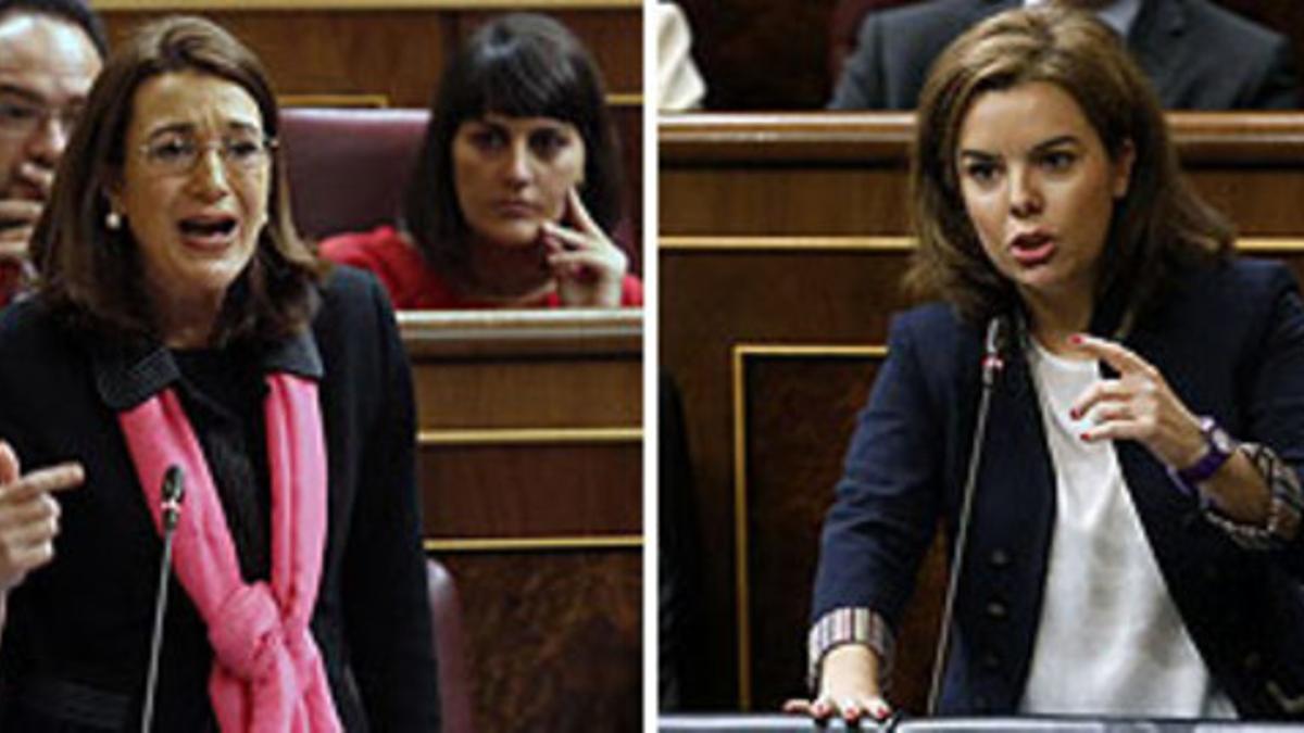 Soraya Rodríguez (izquierda) y Soraya Sáenz de Santamaría, durante sus intervenciones, este miércoles, en el Congreso.