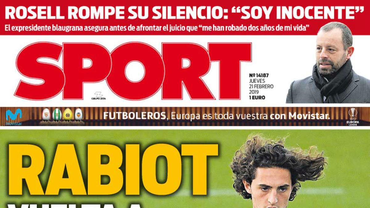 Esta es la portada de SPORT de este jueves, 21 de febrero de 2019