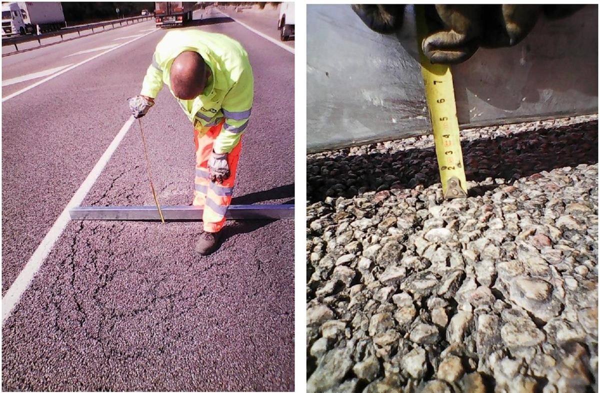 Fotografías de medición de deflexiones en roderas.