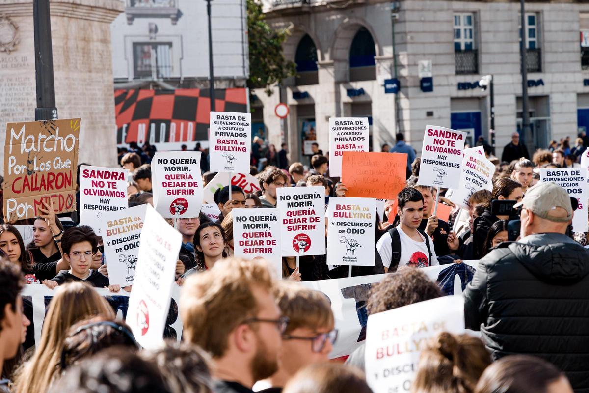 Varios estudiantes con pancartas contra el 'bullying', durante una manifestación.