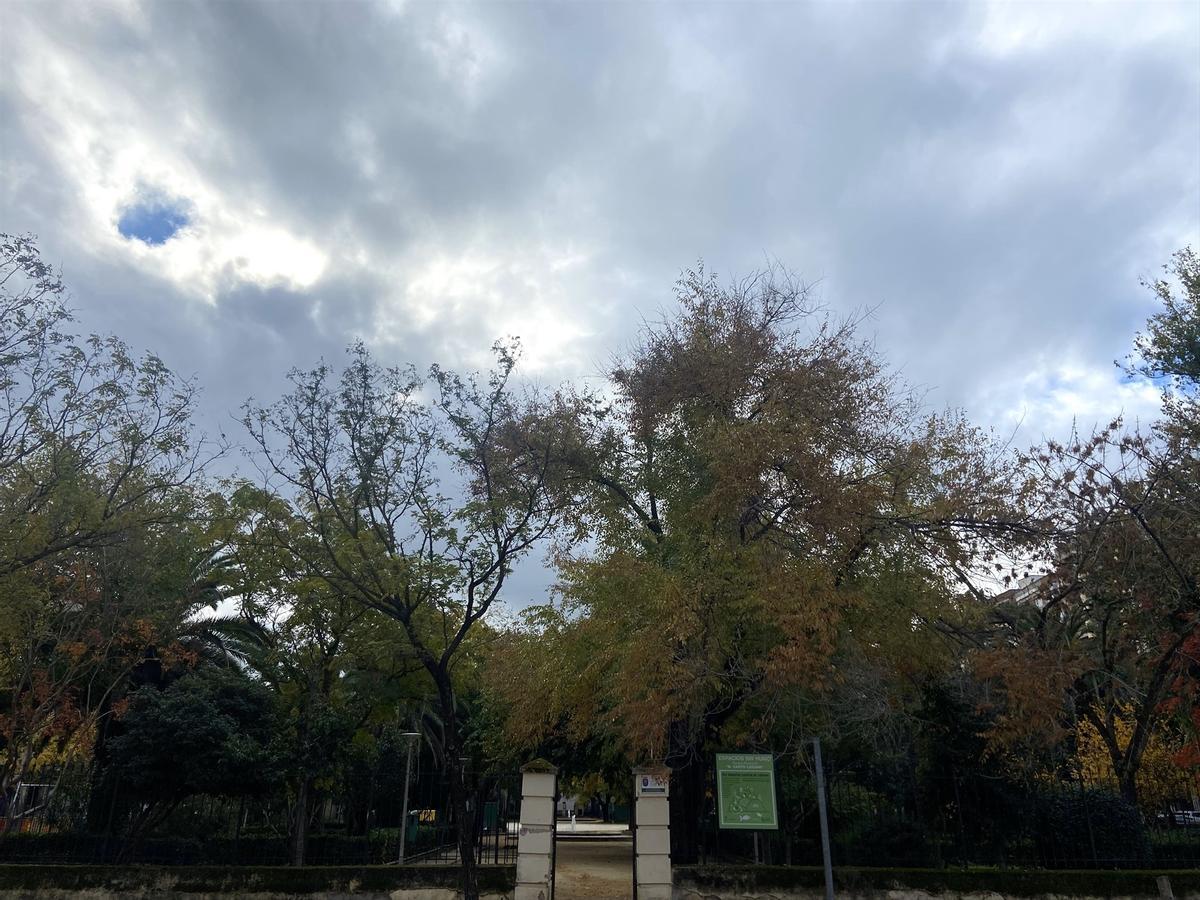 El cielo noboso cubre un parque de Navalmoral de la Mata.