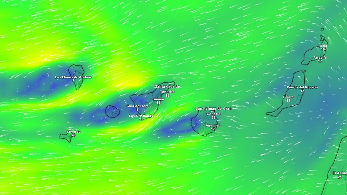 Mapa meteorológico de rachas de viento en Canarias