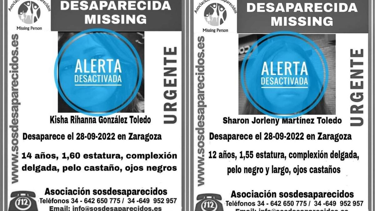 Cartel de las desapariciones desactivadas de las menores de 12 y 14 años en Zaragoza.