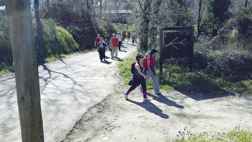 Un grupo de peregrinos en la zona de Orbenlle, en Porriño, donde se destrozaron las señales. // Faro