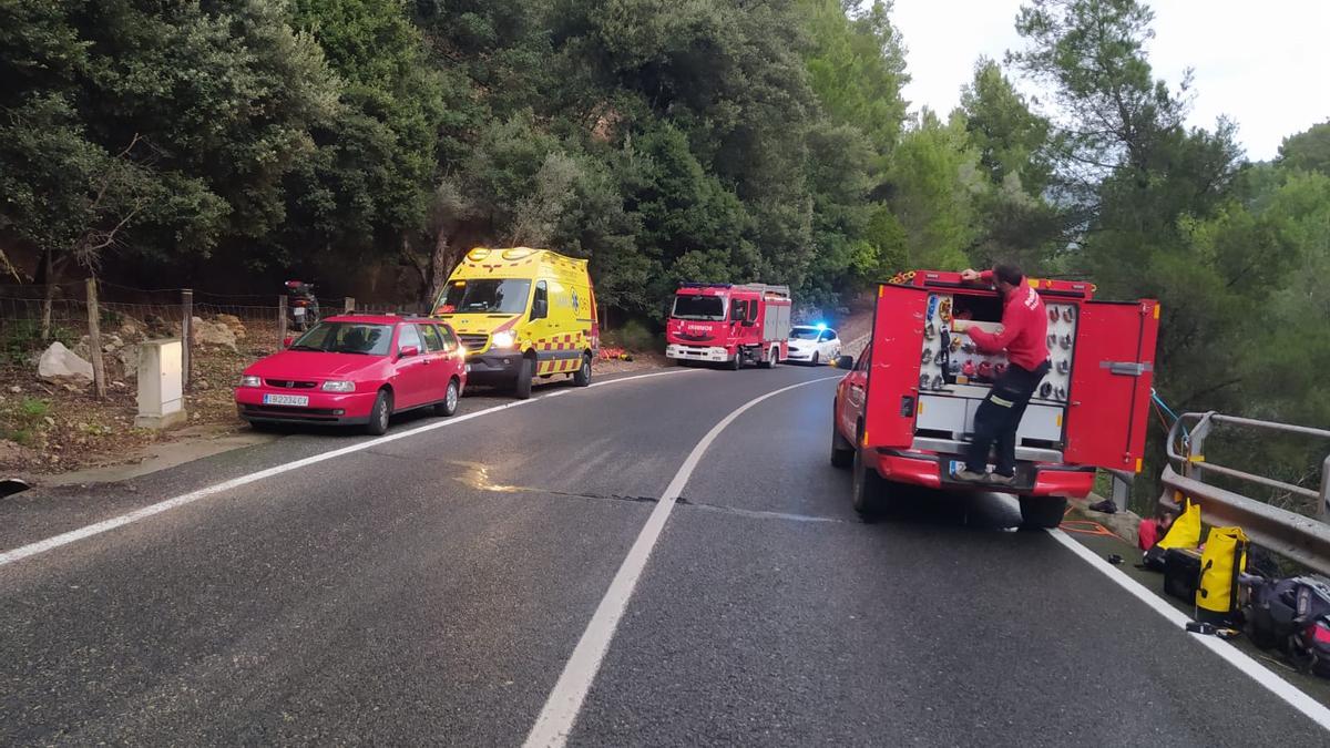 Los bomberos, durante el rescate del accidentado en Sóller.