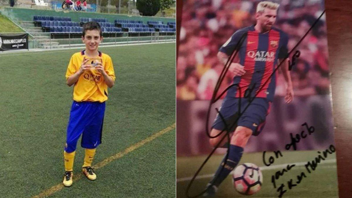 A la izquierda, Iker Merino cuando jugaba en el Barça; a la derecha, la dedicatoria de Messi