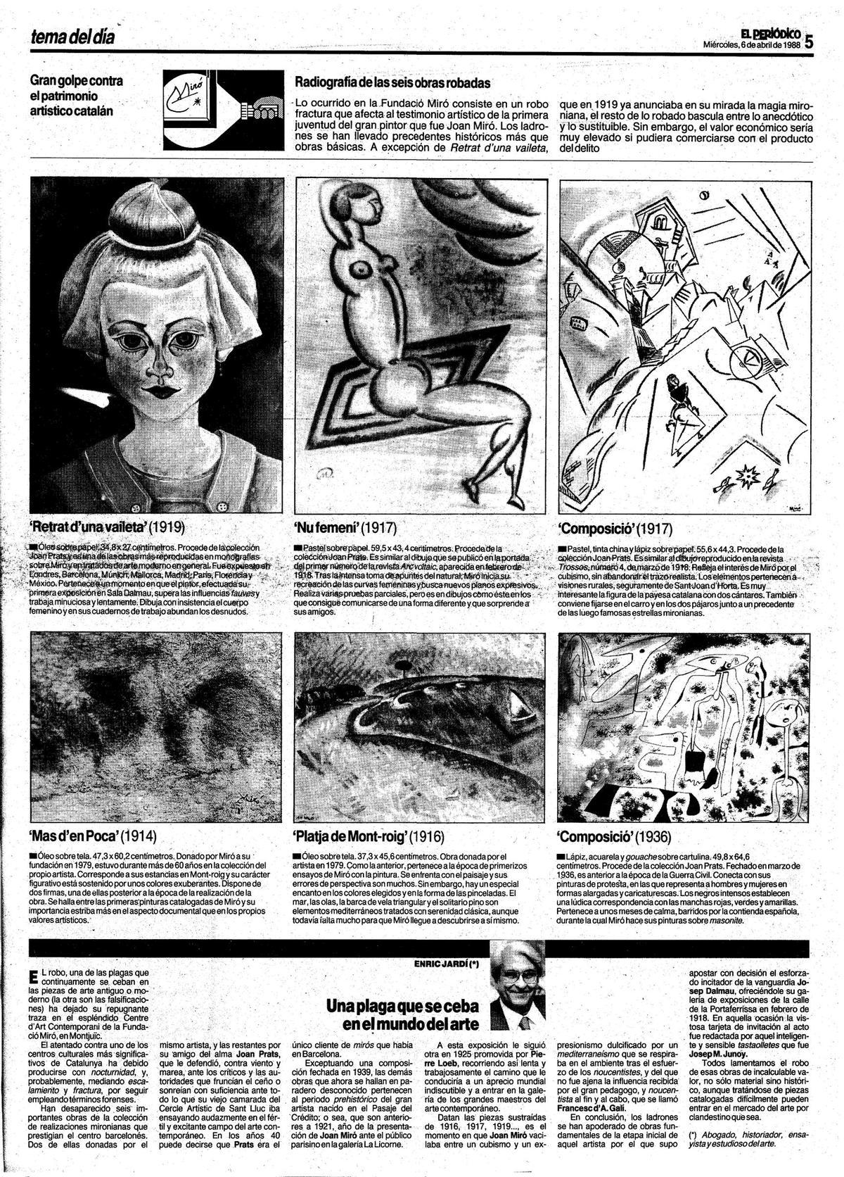 Imágenes de las seis obras robadas en EL PERIÓDICO del 6 de abril de 1988